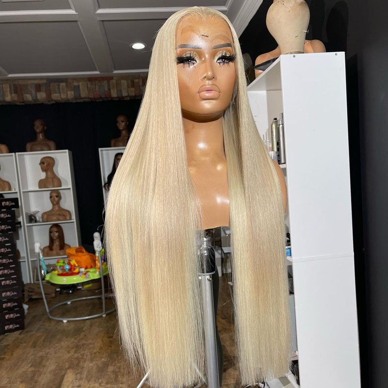 #60 Platinum Blonde Lace Front Human Hair Wigs Bone Straight Virgin Raw Hair Glueless Lace Closure Wigs Pre Plucked for Woman