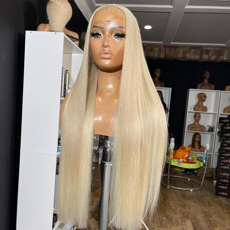 #60 Platinum Blonde Lace Front Human Hair Wigs Bone Straight Virgin Raw Hair Glueless Lace Closure Wigs Pre Plucked for Woman