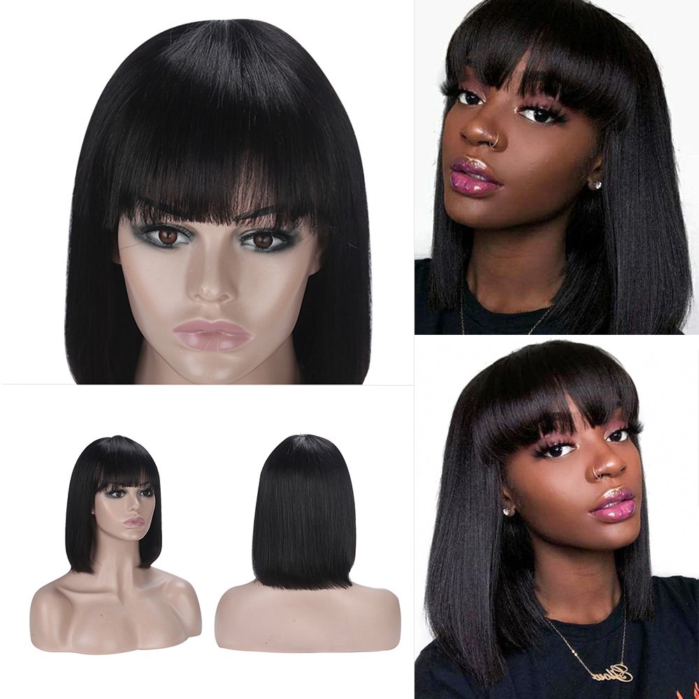 No lace Wigs With Free Bangs For Women Brazilian Straight Hair Natural Black Bob Human Hair Wig