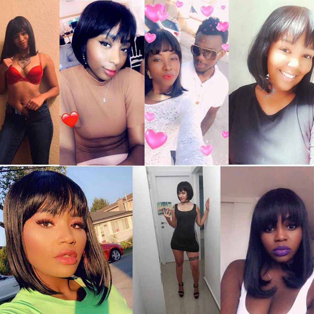No lace Wigs With Free Bangs For Women Brazilian Straight Hair Natural Black Bob Human Hair Wig