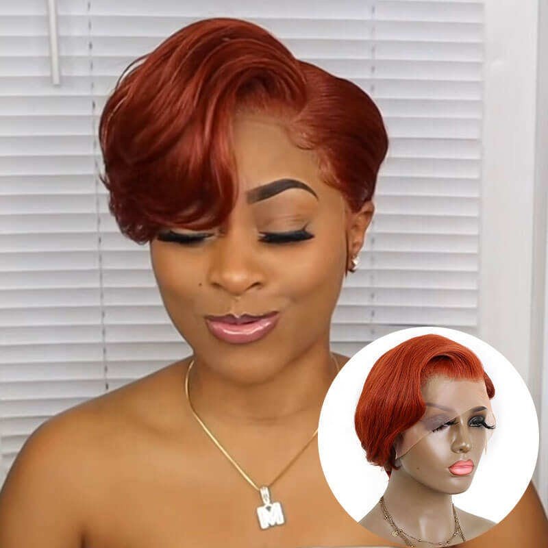 Wholesale Indian Virgin Ginger Orange Transparent L Part Lace Front Wig Straight Short Pixie Cut Human Hair Wigs for Black Women
