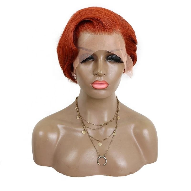 Wholesale Indian Virgin Ginger Orange Transparent L Part Lace Front Wig Straight Short Pixie Cut Human Hair Wigs for Black Women