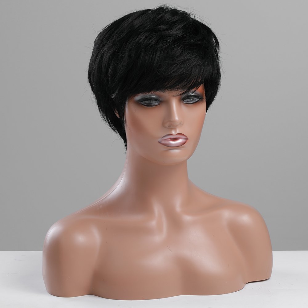 Wholesale Price Short Pixie Cut Black with Bangs Blend Human Hair Wigs for Women Daily Party