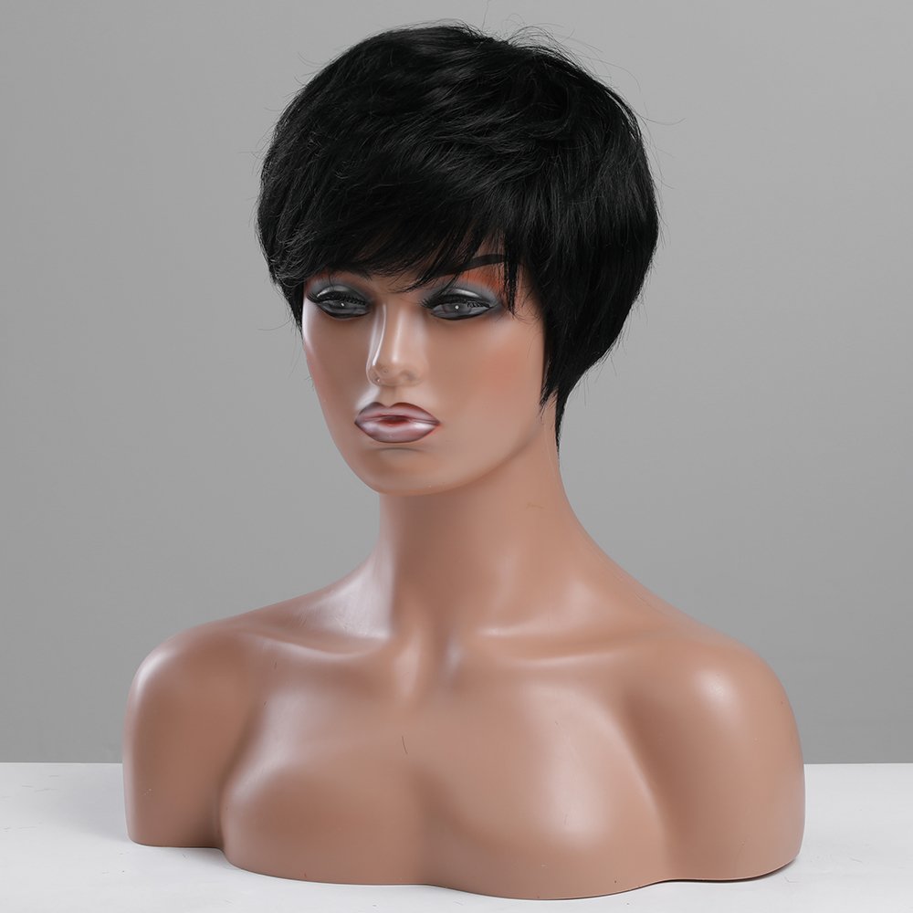Wholesale Price Short Pixie Cut Black with Bangs Blend Human Hair Wigs for Women Daily Party