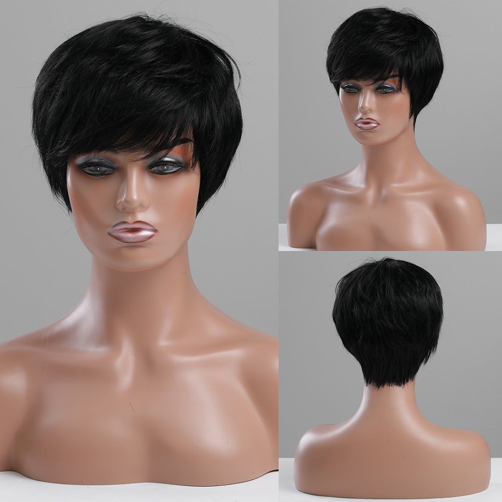 Wholesale Price Short Pixie Cut Black with Bangs Blend Human Hair Wigs for Women Daily Party