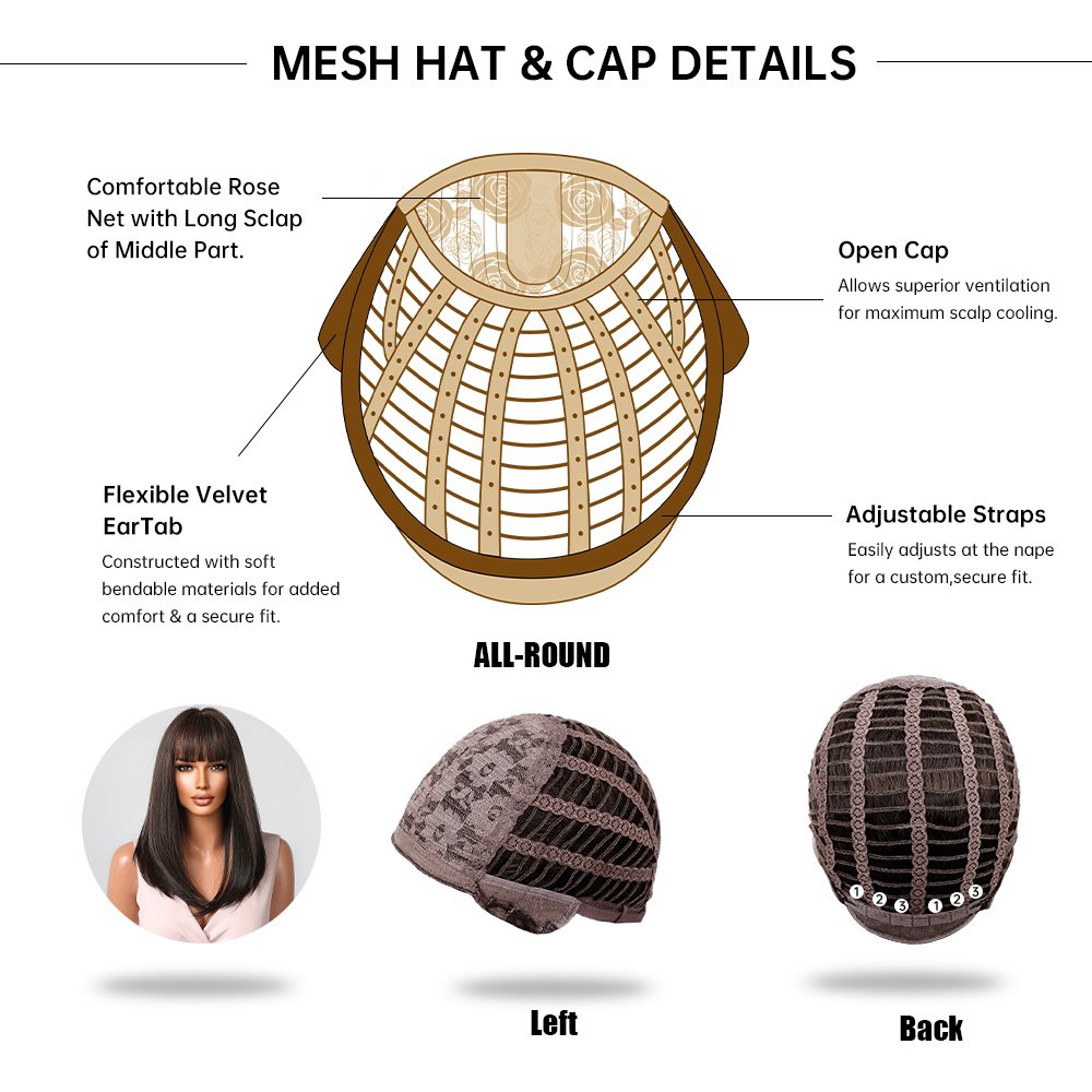 Wholesale Medium Length Dark Brown Highlight Straight Wig Synthetic Hair Wigs with Bangs for Women Natural Hair Wig