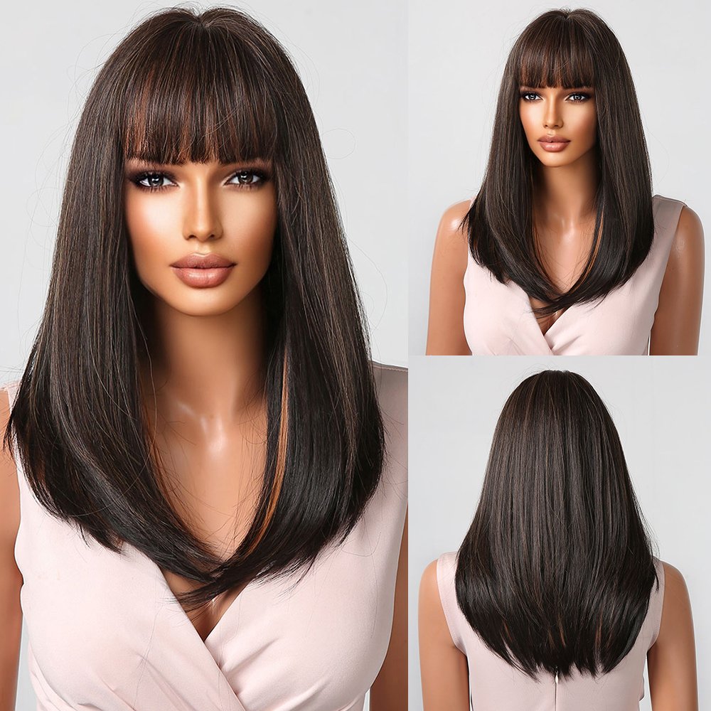 Wholesale Medium Length Dark Brown Highlight Straight Wig Synthetic Hair Wigs with Bangs for Women Natural Hair Wig