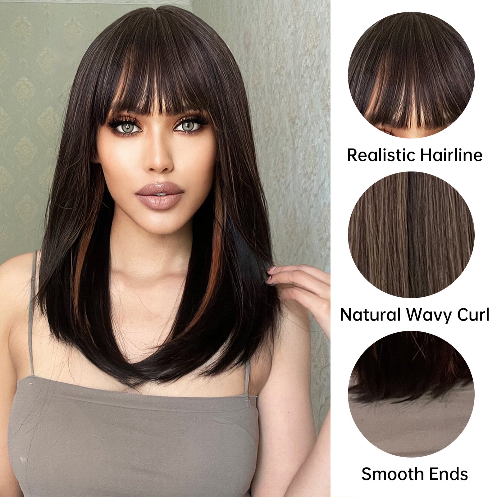 Wholesale Medium Length Dark Brown Highlight Straight Wig Synthetic Hair Wigs with Bangs for Women Natural Hair Wig