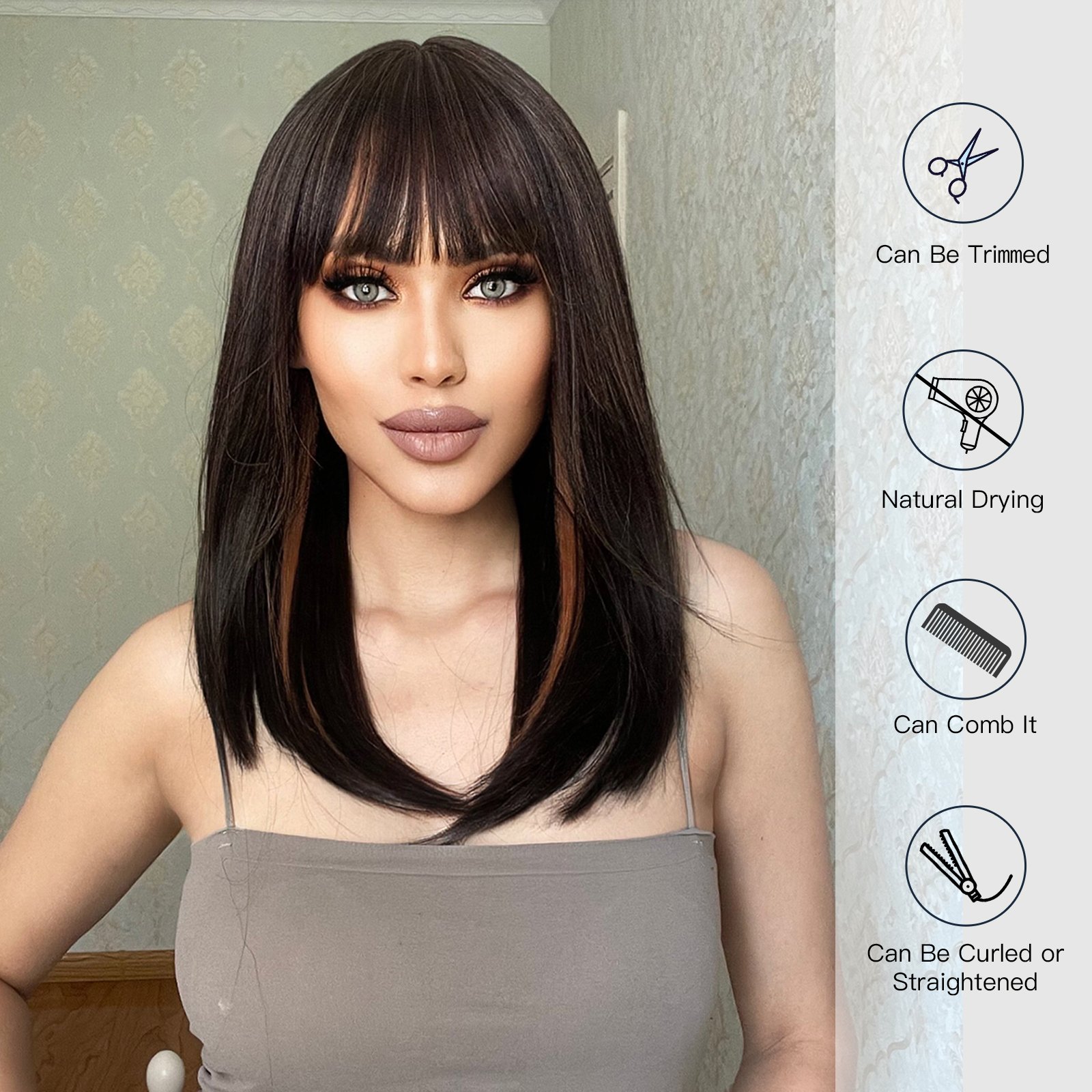 Wholesale Medium Length Dark Brown Highlight Straight Wig Synthetic Hair Wigs with Bangs for Women Natural Hair Wig