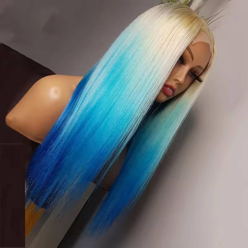 Ombre Light Blue Colored Lace Frontal Human Hair Wigs Pre Plucked Raw Virgin Hair Gluesless Straight Lace Closure Wigs for Woman