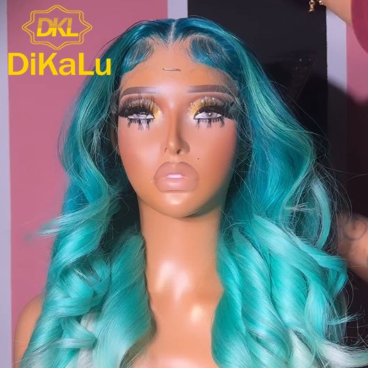 Ombre Blue Colored Body Wave Wigs Lace Front Human Hair Wigs For Women Remy Hair Peruvian 13x4 HD Transparent Frontal Lace Wig