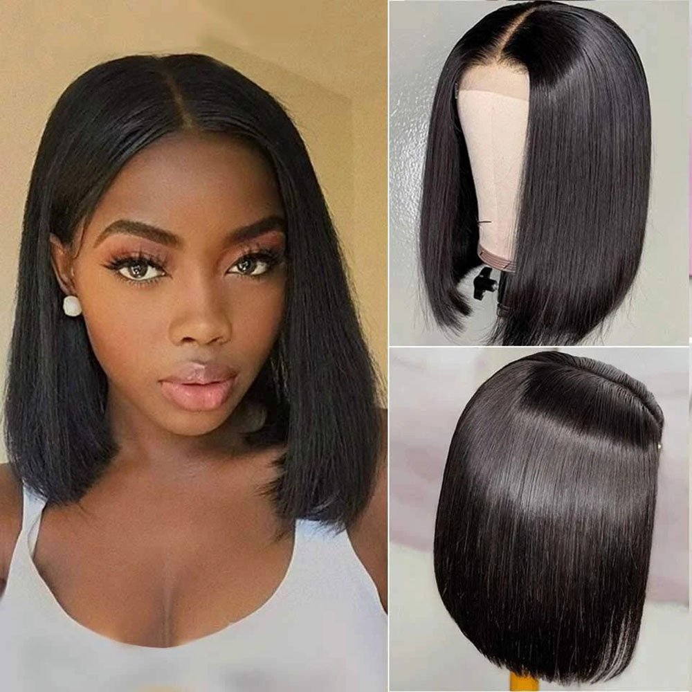 YL Short Straight T Part Human Hair Wigs For Women Pre Plucked Remy Virgin Brazilian Hair Bob Wig 4X1 Lace Frontal Bob Wigs
