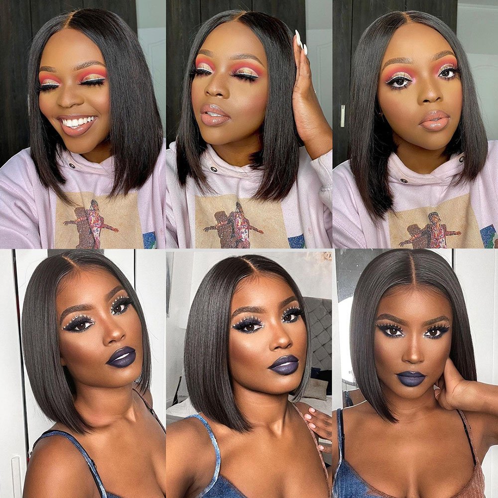 YL Short Straight T Part Human Hair Wigs For Women Pre Plucked Remy Virgin Brazilian Hair Bob Wig 4X1 Lace Frontal Bob Wigs
