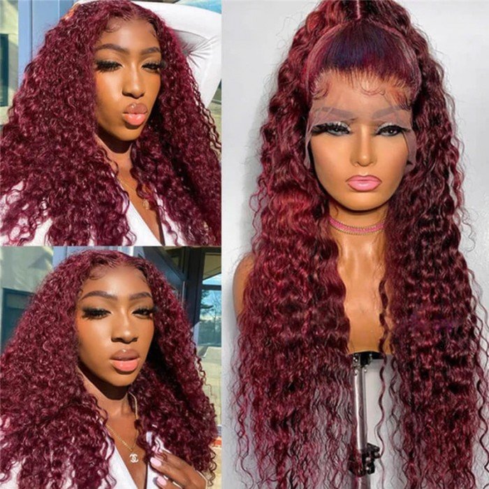 13x4 Deep Curly Lace Frontal Wig Transparent 99J Burgundy 360 Full Lace Front Wigs Red Colored HD Deep Wave Human Hair Wigs