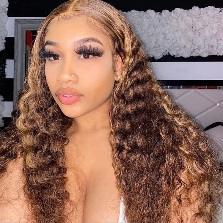 30 Inch 13x4 13x6 Hd Lace Frontal Wig,Highlight Honey Brown Glueless Curly Human Hair Water Wave Wigs For Black Women