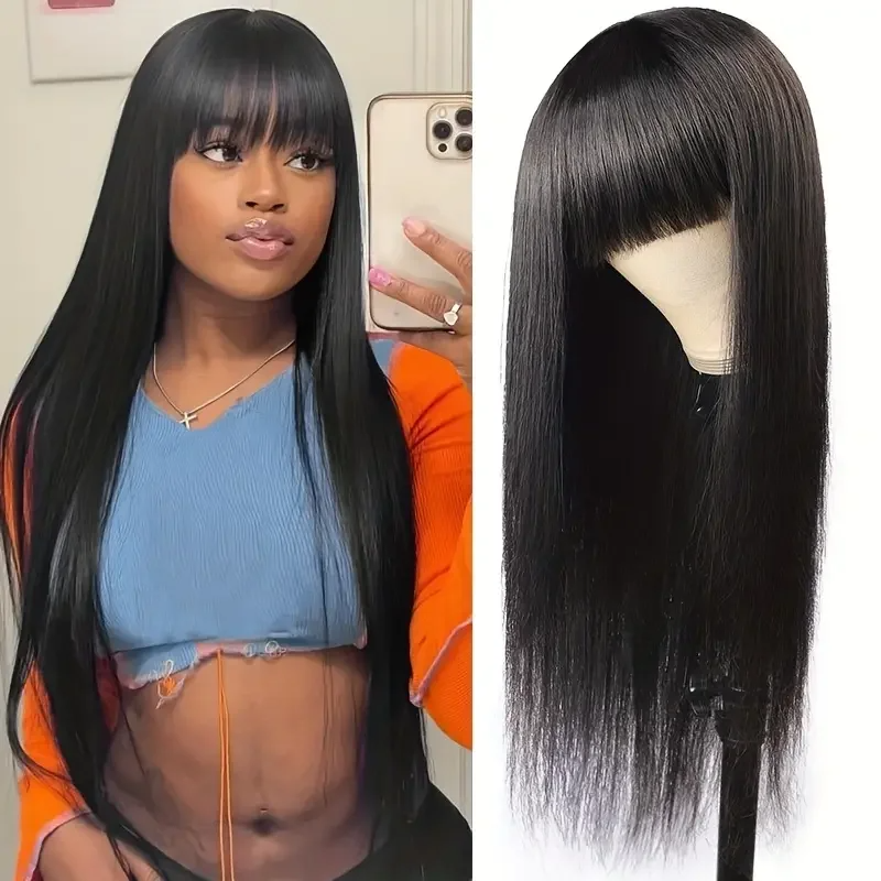 Silky Straight Human Hair Wigs With Bang Full Machine Made Wigs 14-24inch Natural Color Glueless Peruvian Remy Human Hair Wigs
