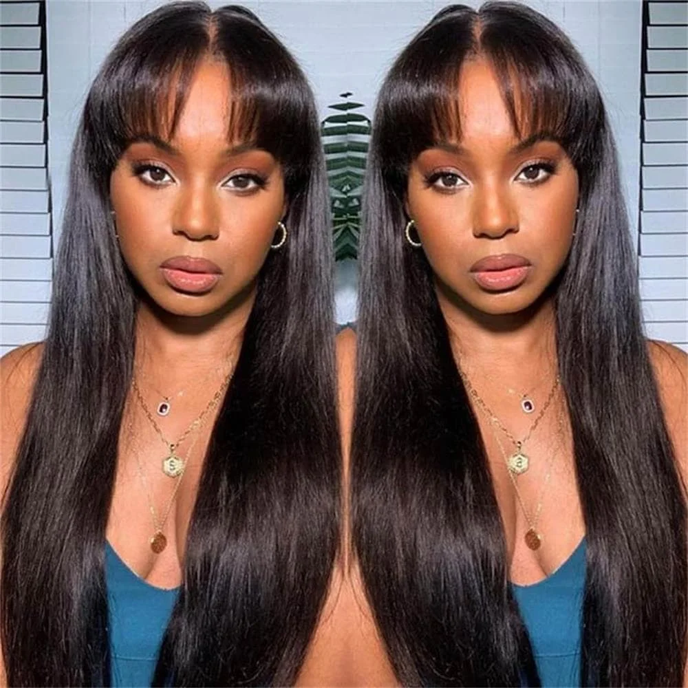 Silky Straight Human Hair Wigs With Bang Full Machine Made Wigs 14-24inch Natural Color Glueless Peruvian Remy Human Hair Wigs