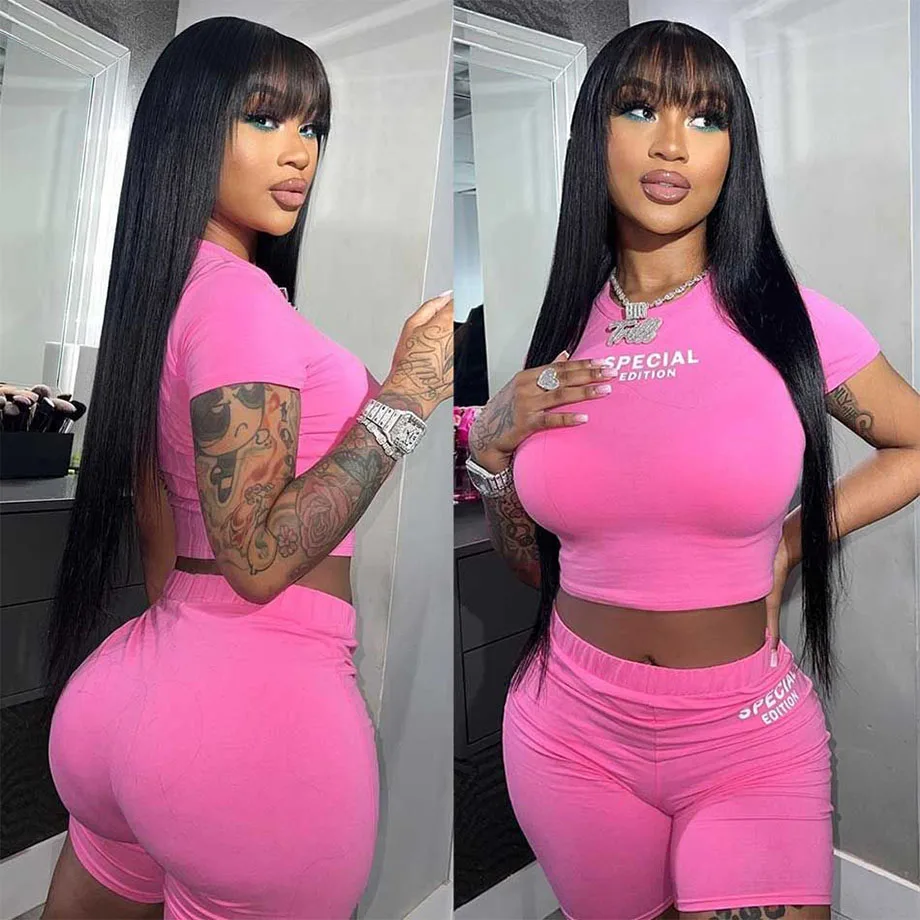 Silky Straight Human Hair Wigs With Bang Full Machine Made Wigs 14-24inch Natural Color Glueless Peruvian Remy Human Hair Wigs