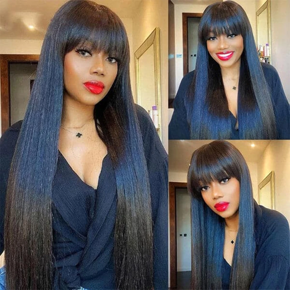 Silky Straight Human Hair Wigs With Bang Full Machine Made Wigs 14-24inch Natural Color Glueless Peruvian Remy Human Hair Wigs