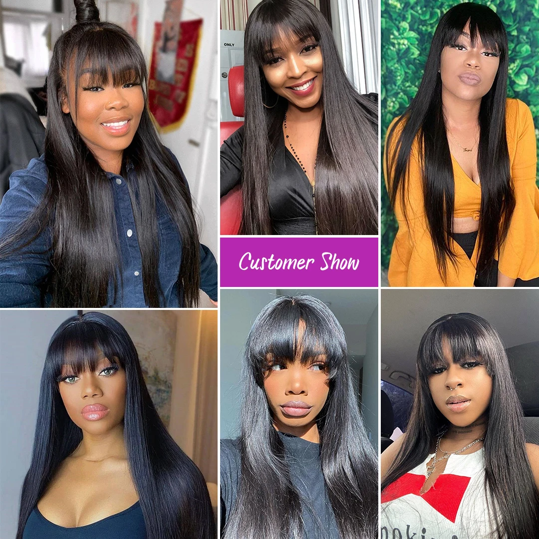 Silky Straight Human Hair Wigs With Bang Full Machine Made Wigs 14-24inch Natural Color Glueless Peruvian Remy Human Hair Wigs