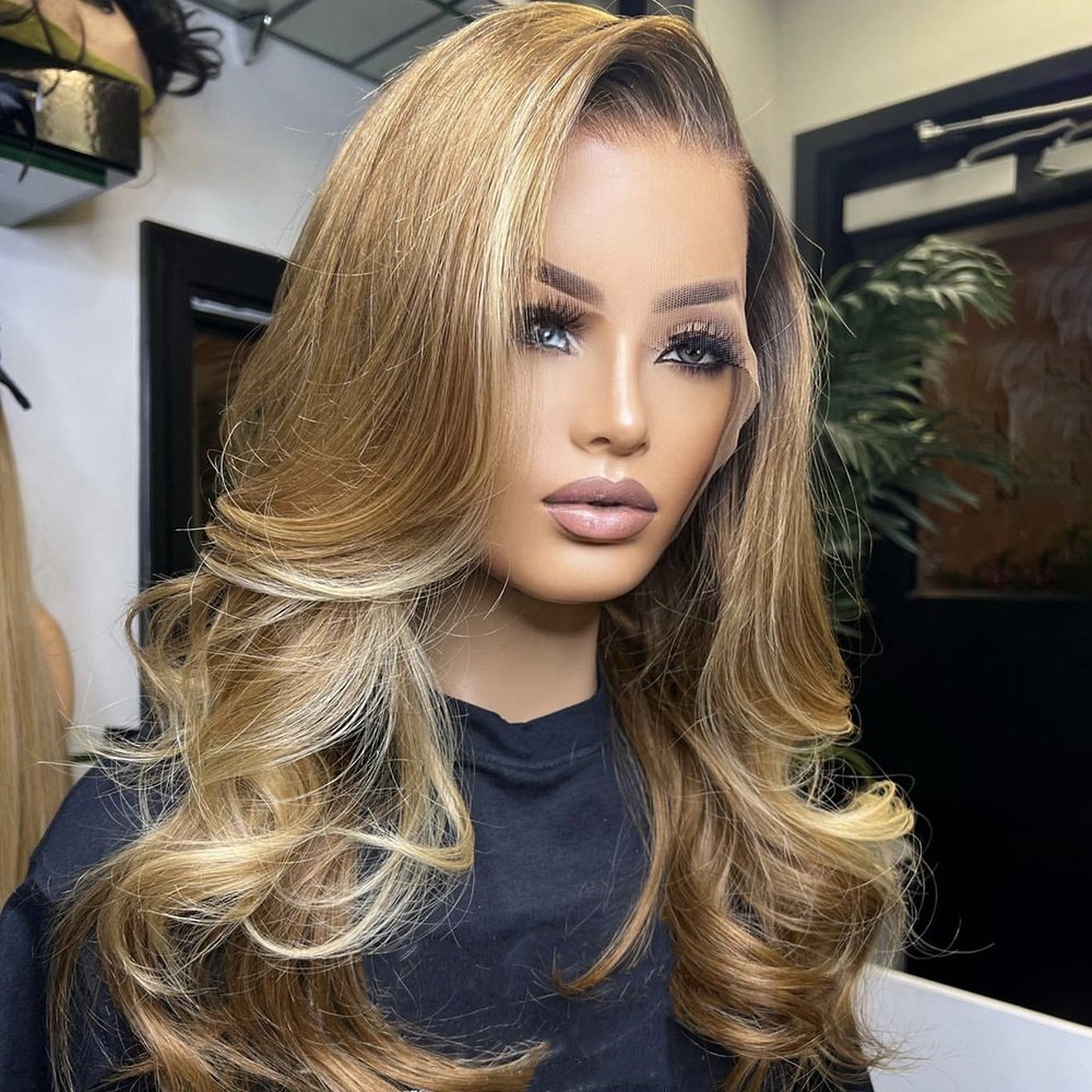 Top Selling Ombre Ash Blonde/Dark Brown Blended Lace Frontal Wigs 100% Brazilian Human Hair Body Wave Wigs For Black Women