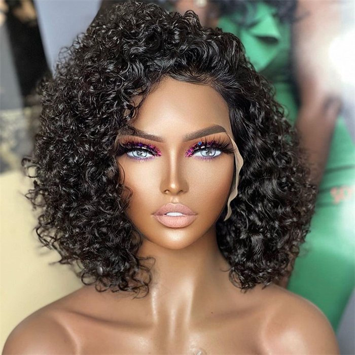 wholesale Slick Back Short Curly Bob Wig Glueless Human Hair 13x4 Lace Front Wig