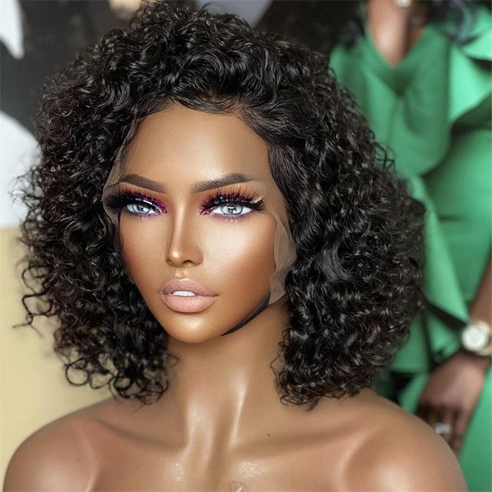 wholesale Slick Back Short Curly Bob Wig Glueless Human Hair 13x4 Lace Front Wig