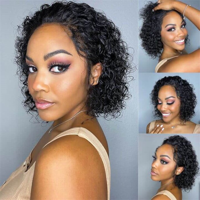 wholesale Slick Back Short Curly Bob Wig Glueless Human Hair 13x4 Lace Front Wig