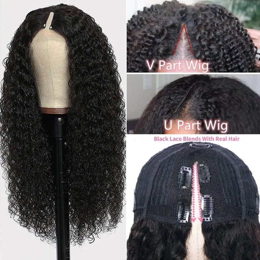V Part Wig Human Hair No Leave Out Side Part Glueless Brazilian Remy Curly Human Hair Wigs for Women V Shape Kinky Curly Wig