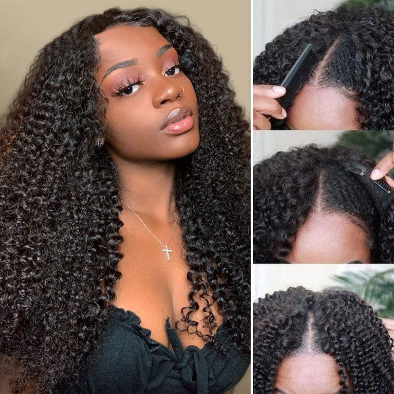 V Part Wig Human Hair No Leave Out Side Part Glueless Brazilian Remy Curly Human Hair Wigs for Women V Shape Kinky Curly Wig