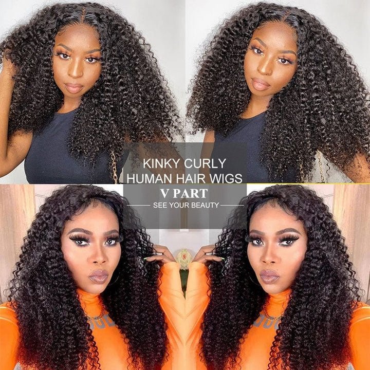 V Part Wig Human Hair No Leave Out Side Part Glueless Brazilian Remy Curly Human Hair Wigs for Women V Shape Kinky Curly Wig