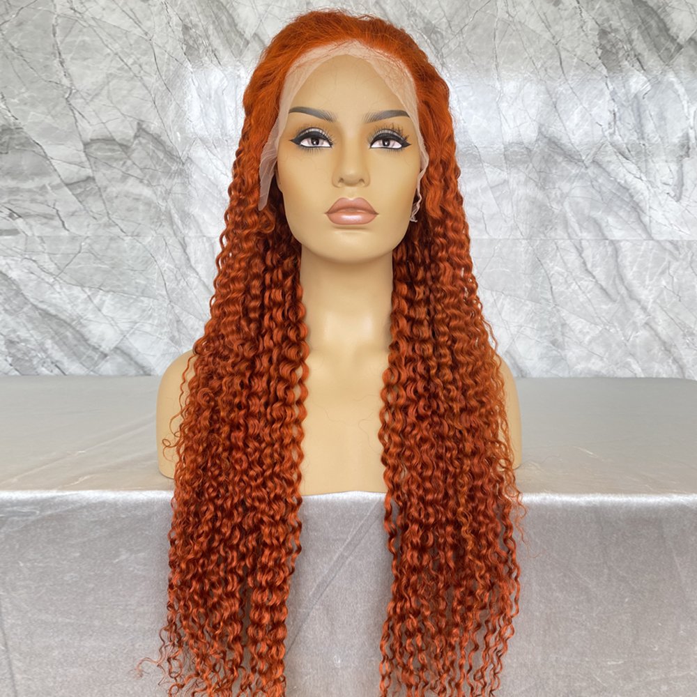 African Women Ginger Jerry Curly Human Hair Wigs Orange 350# Deep Curly Hair Wigs 150% Density 13*4 Lace Front Wig