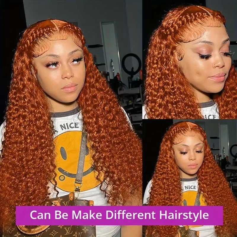 African Women Ginger Jerry Curly Human Hair Wigs Orange 350# Deep Curly Hair Wigs 150% Density 13*4 Lace Front Wig