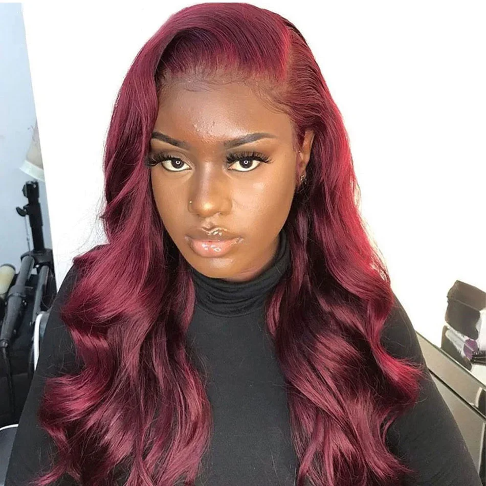 Transparent body wave 99j burgundy lace frontal human hair wig 13*4 lace front wig preplucked for women