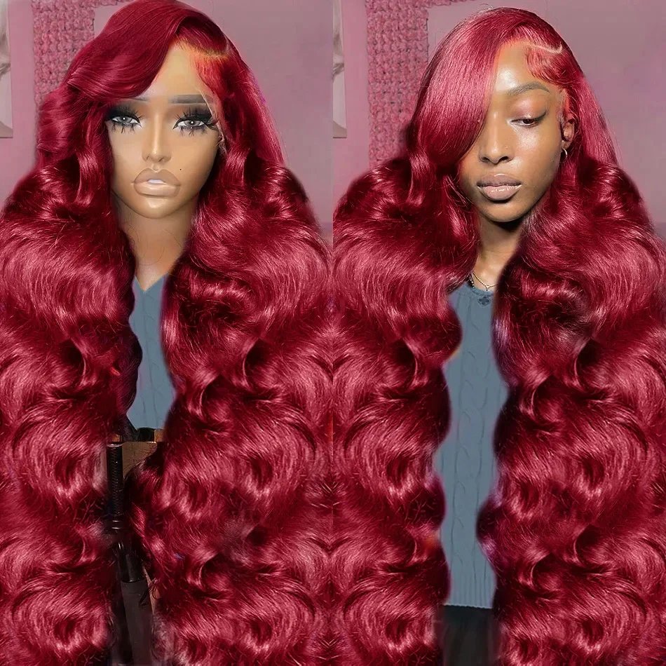 Transparent body wave 99j burgundy lace frontal human hair wig 13*4 lace front wig preplucked for women