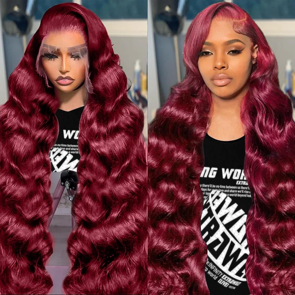 Transparent body wave 99j burgundy lace frontal human hair wig 13*4 lace front wig preplucked for women