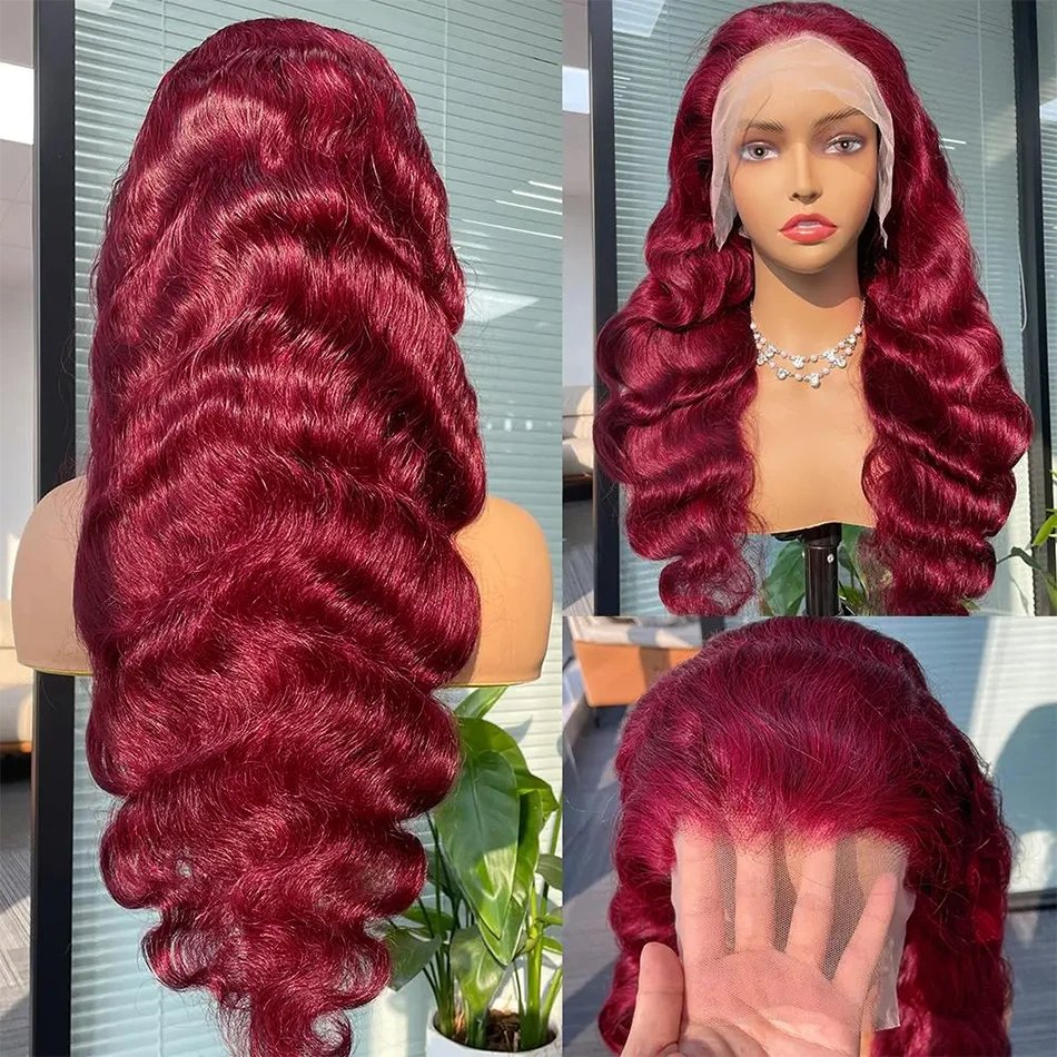 Transparent body wave 99j burgundy lace frontal human hair wig 13*4 lace front wig preplucked for women