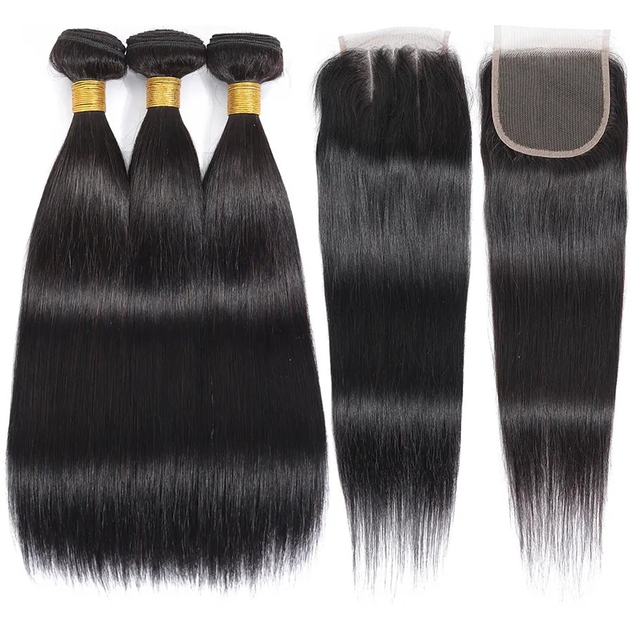 3 Hair Bundles with Closure make full human hair wig 10A 12A Grade cheap Brazilian Straight Human Hair Extension packaging deal