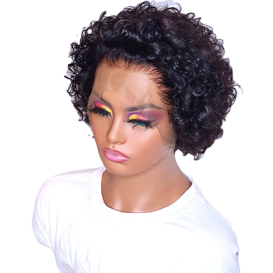 Affordable glueless short black pixie curly lace front brazilian human hair wigs for black women