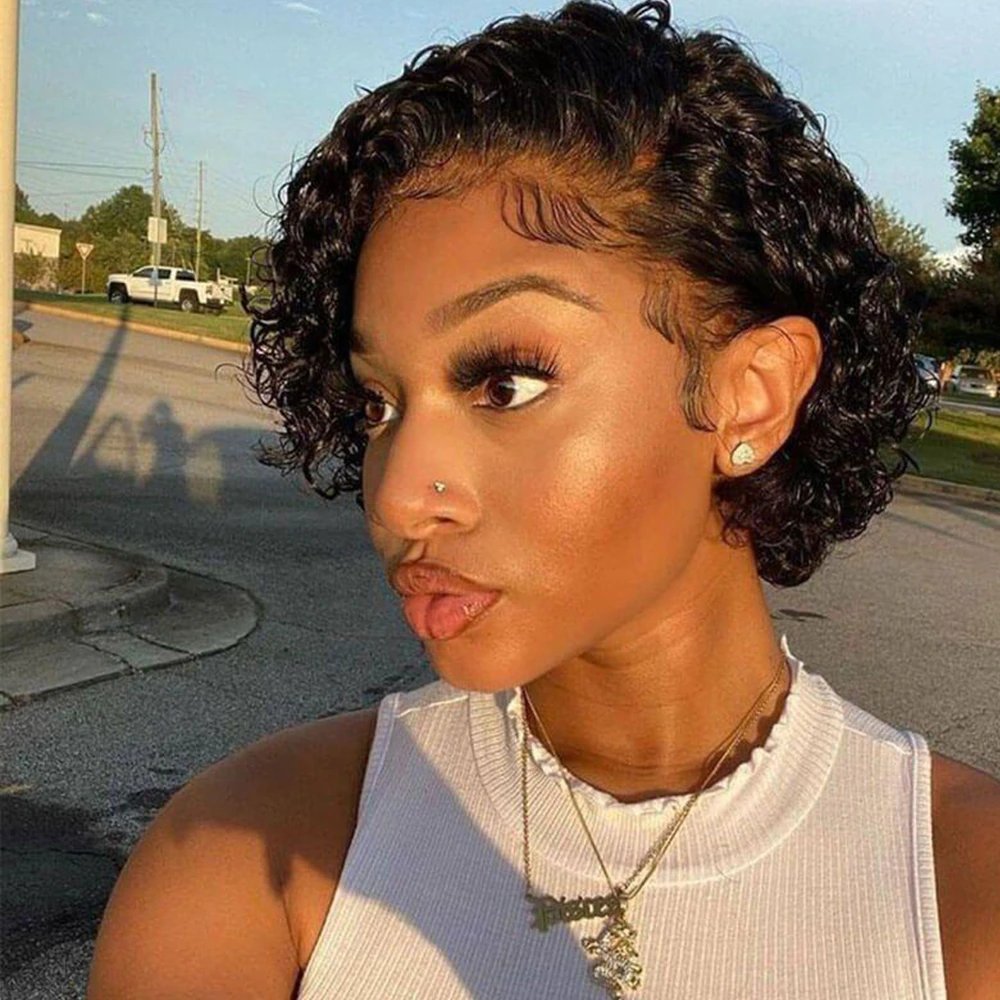 Affordable glueless short black pixie curly lace front brazilian human hair wigs for black women