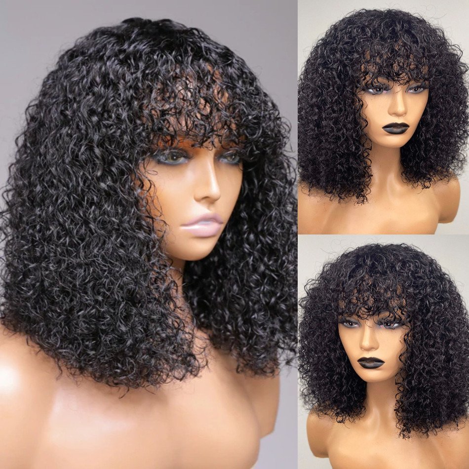 Cheap Free Samples Ready To Ship Peruvian Natural Hair Short Kinky Curly Human Hair Bob Wigs With Bangs For Black Women