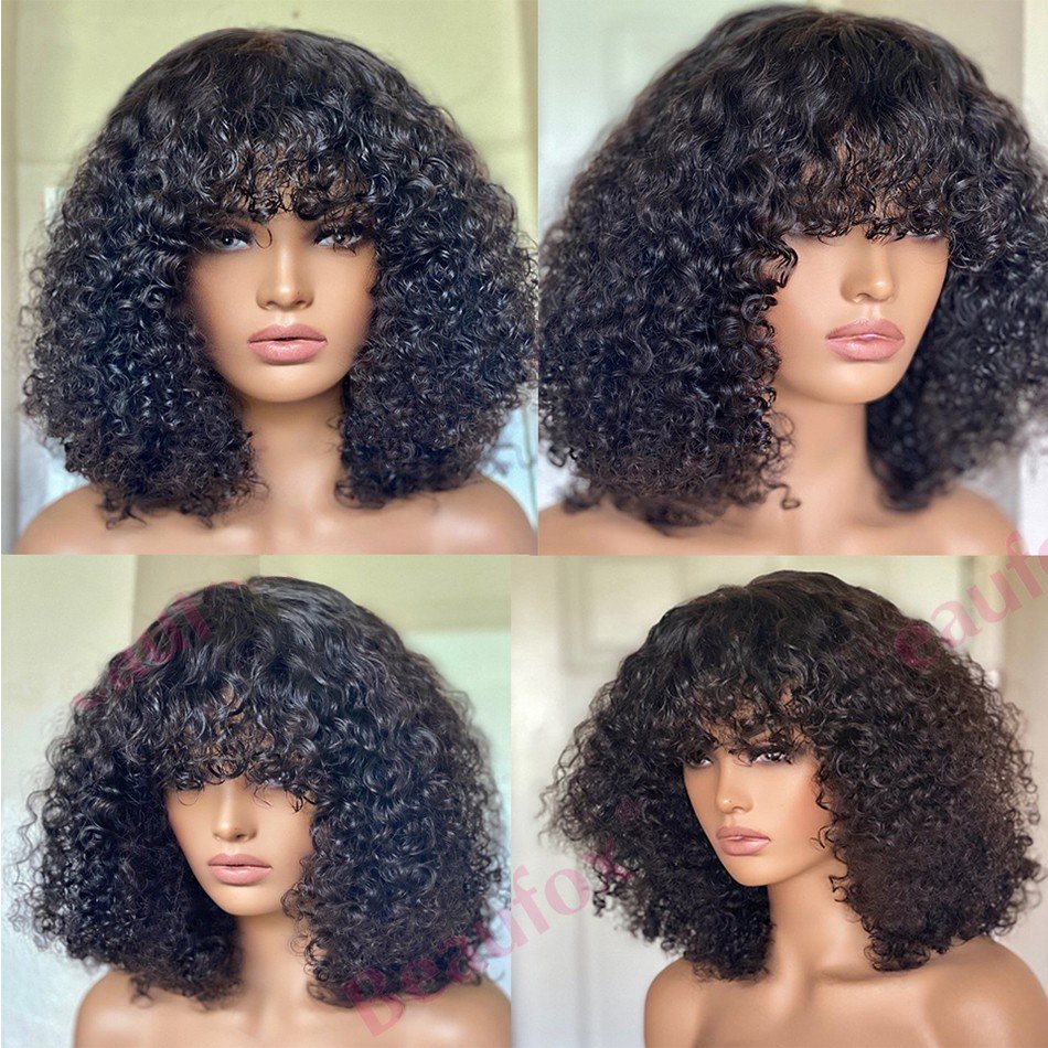 Cheap Free Samples Ready To Ship Peruvian Natural Hair Short Kinky Curly Human Hair Bob Wigs With Bangs For Black Women