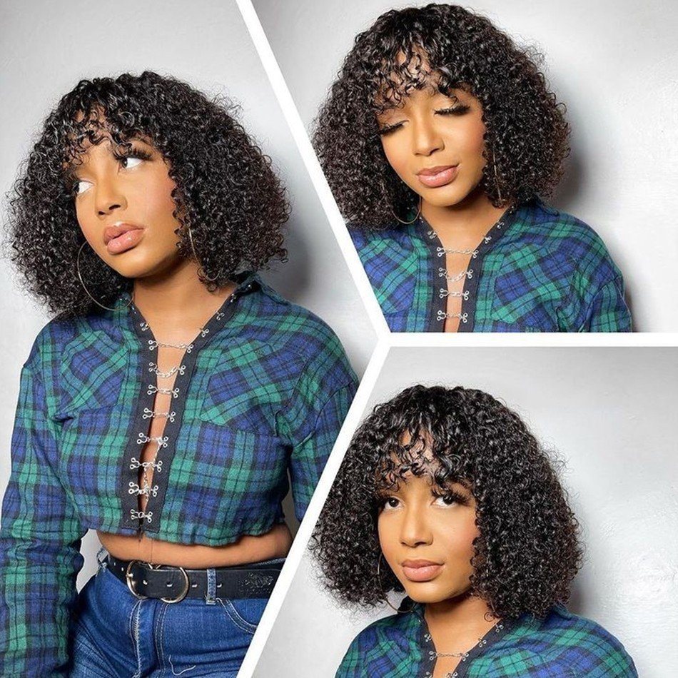 Cheap Free Samples Ready To Ship Peruvian Natural Hair Short Kinky Curly Human Hair Bob Wigs With Bangs For Black Women