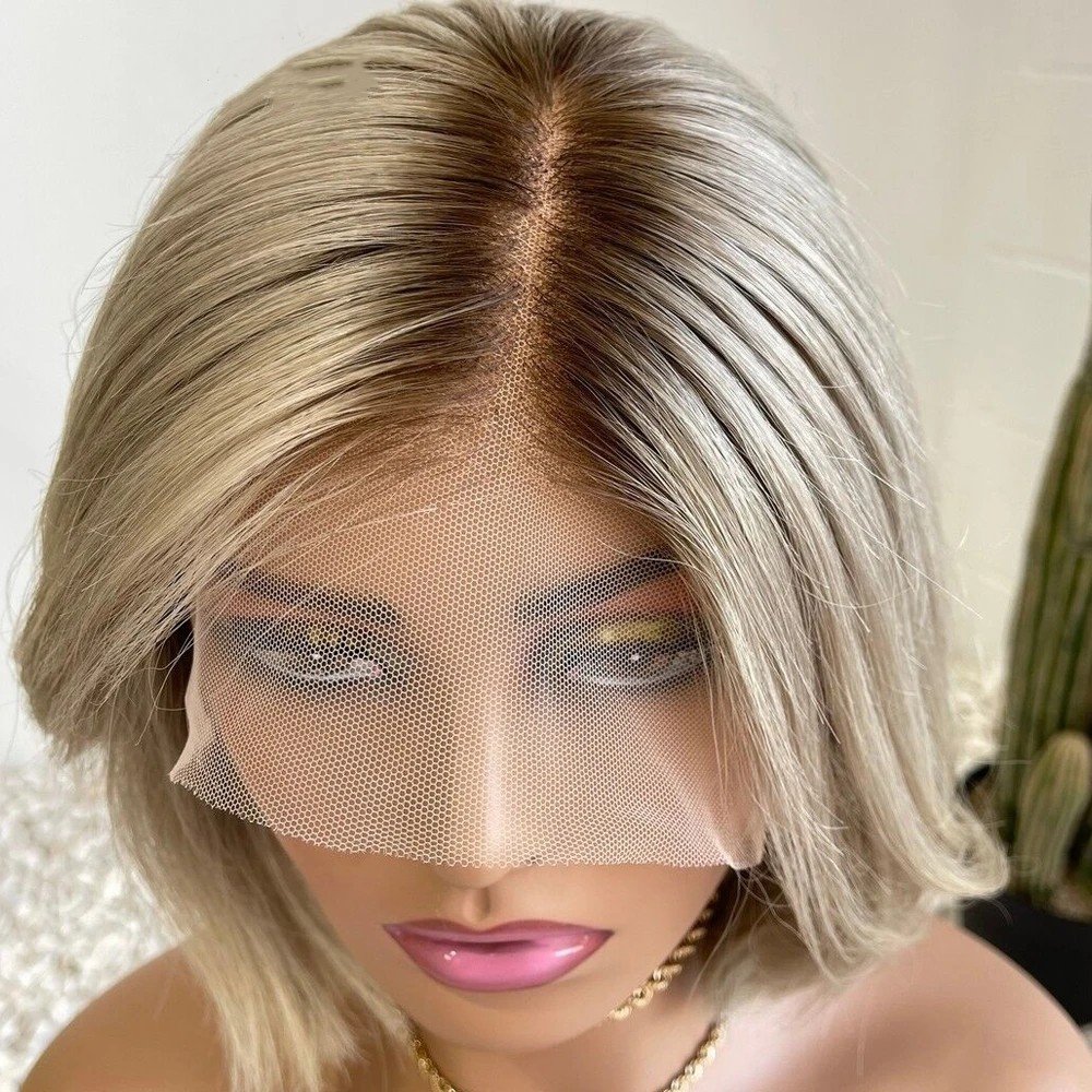 Fashion Short Bob Pixie Cut Human Hair Wigs Ombre Blonde Transparent HD Lace Front Wigs Highlights With Light Roots