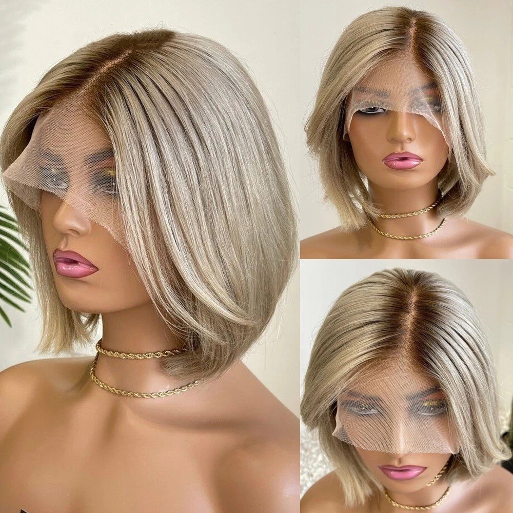 Fashion Short Bob Pixie Cut Human Hair Wigs Ombre Blonde Transparent HD Lace Front Wigs Highlights With Light Roots