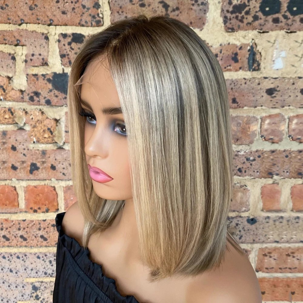 Fashion Short Bob Pixie Cut Human Hair Wigs Ombre Blonde Transparent HD Lace Front Wigs Highlights With Light Roots