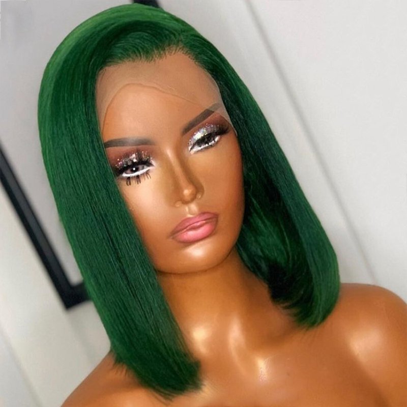 Dark Green Short Bob Human Hair Wigs 13x4 Lace Frontal Wig Colored Glueless Brazilian Remy Hair Transparent Lace For Women 150%