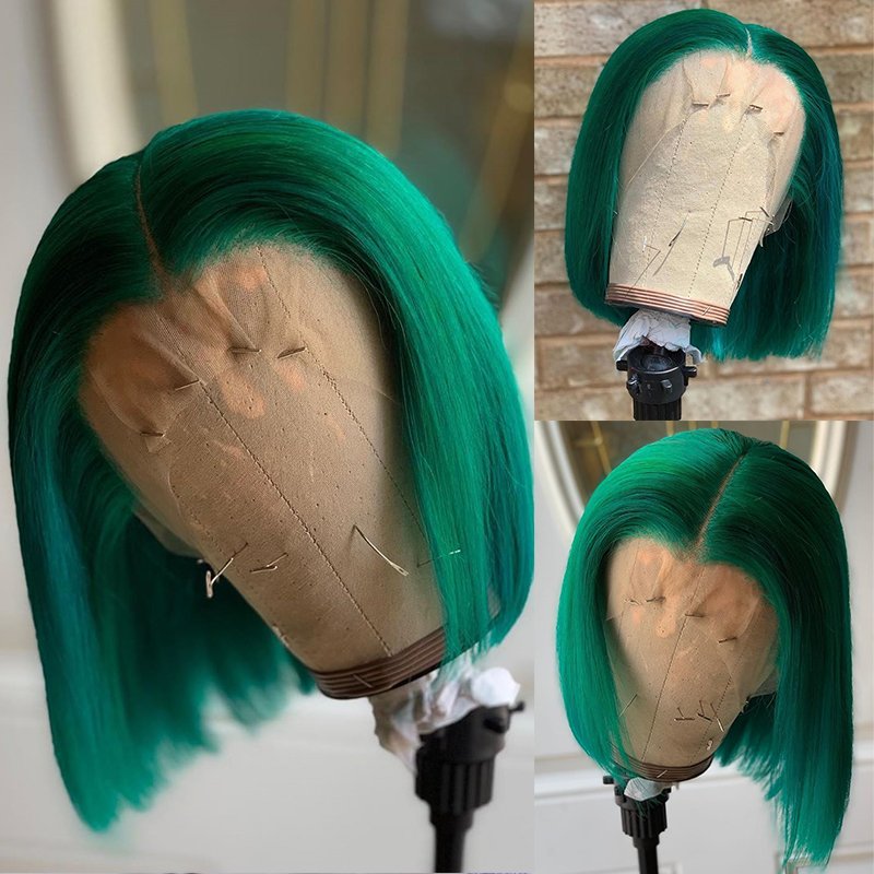 Dark Green Short Bob Human Hair Wigs 13x4 Lace Frontal Wig Colored Glueless Brazilian Remy Hair Transparent Lace For Women 150%