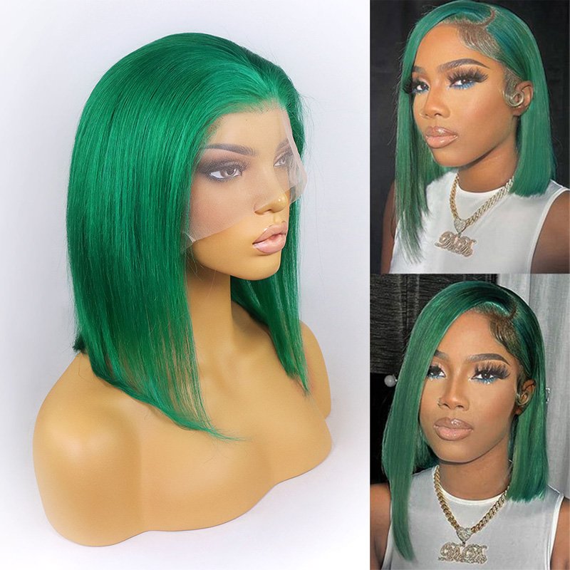 Dark Green Short Bob Human Hair Wigs 13x4 Lace Frontal Wig Colored Glueless Brazilian Remy Hair Transparent Lace For Women 150%