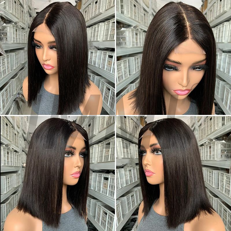 Wholesale 180 Density Human Hair 10 12 14 Inch Bobo Brazilian Virgin Human Hair Wig HD Transparent 4*4 Lace Frontal Wigs